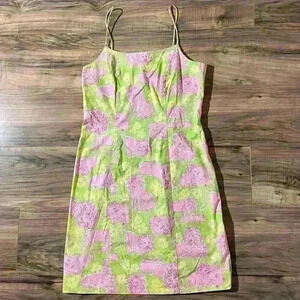 Vtg 90s RARE Lilly Pulitzer Yellow Floral Pink Lions Cubs Animal Green Dress 10